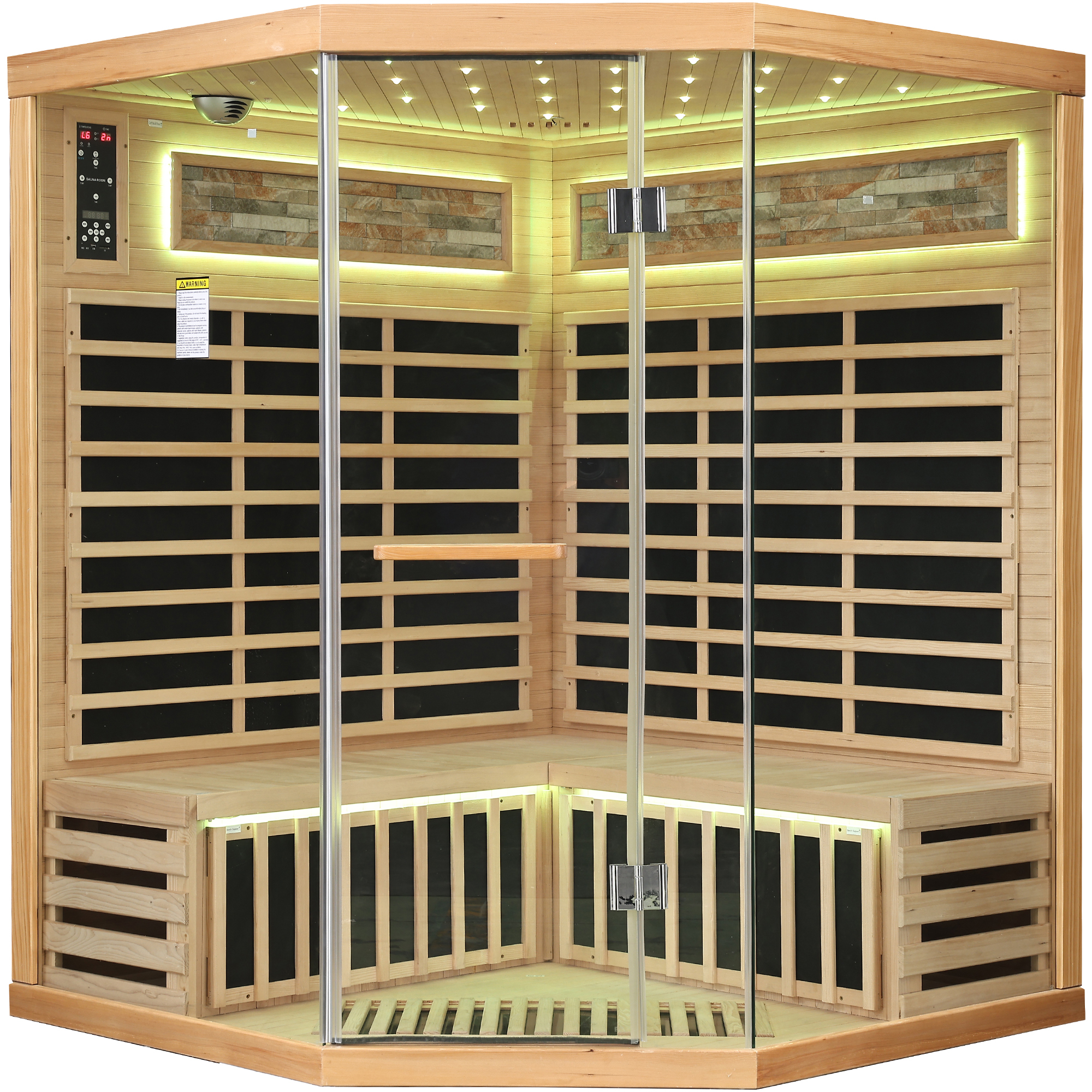 Moray 4-Person Indoor Corner Infrared Sauna in Hemlock with Bluetooth Speakers, LED Lights, 9-Heating Panels, 2595-Watt