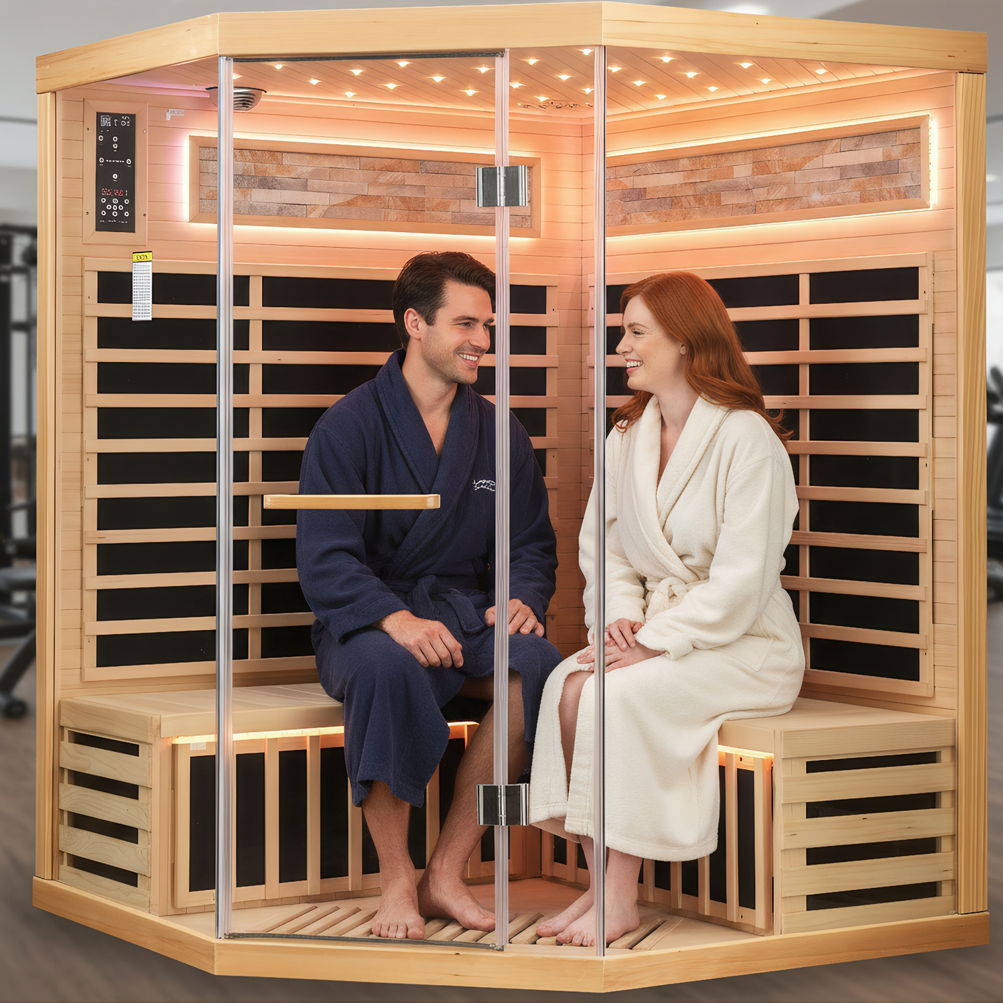 Moray 4-Person Indoor Corner Infrared Sauna in Hemlock with Bluetooth Speakers, LED Lights, 9-Heating Panels, 2595-Watt