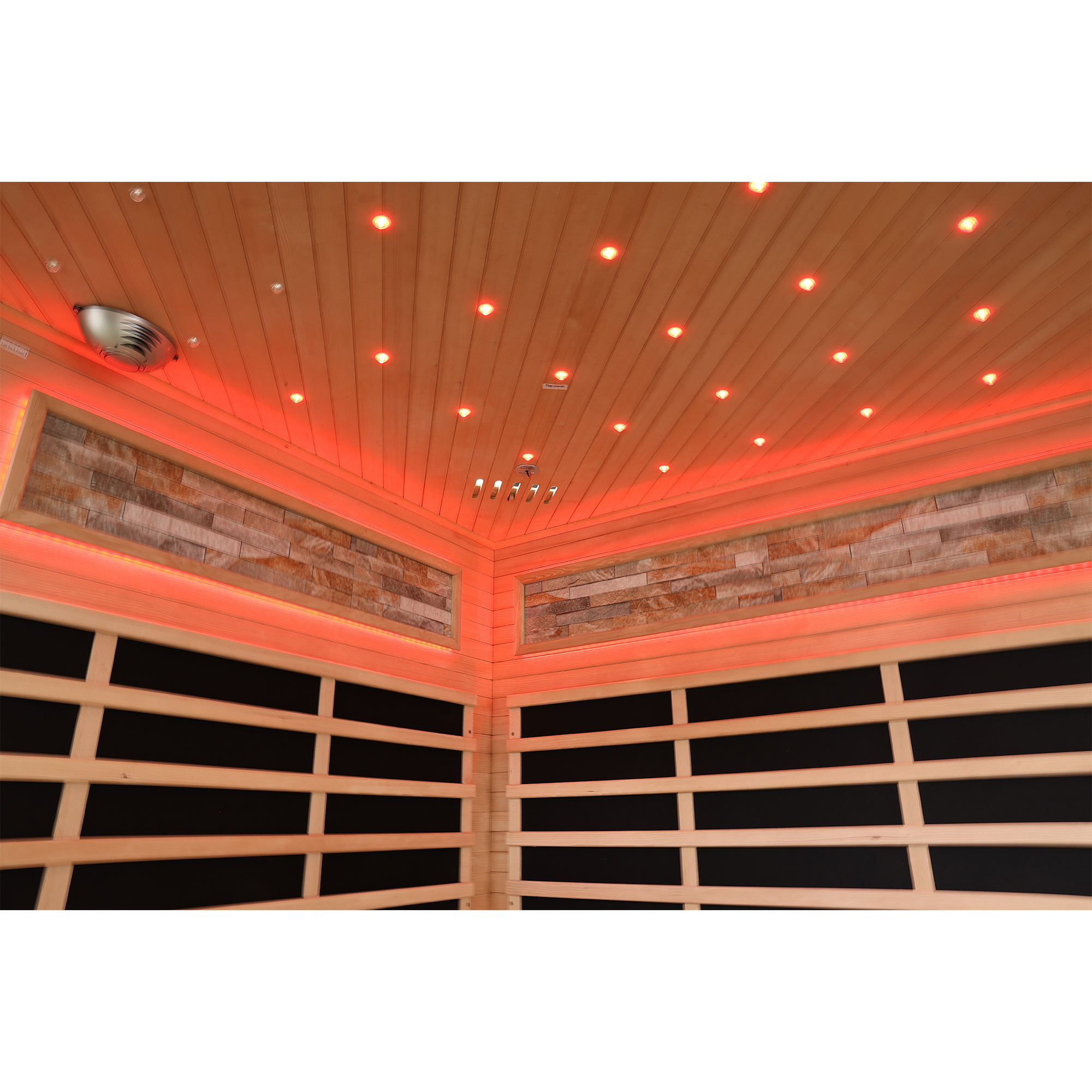 Moray 4-Person Indoor Corner Infrared Sauna in Hemlock with Bluetooth Speakers, LED Lights, 9-Heating Panels, 2595-Watt