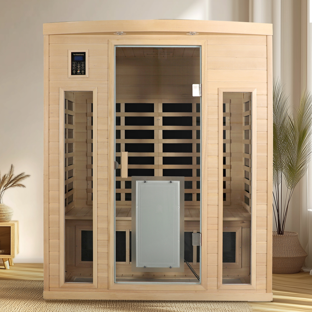 Moray 3-Person Indoor Infrared Sauna in Hemlock with Bluetooth Speakers, Reading Lights, 9-Heating Panels, 2130W