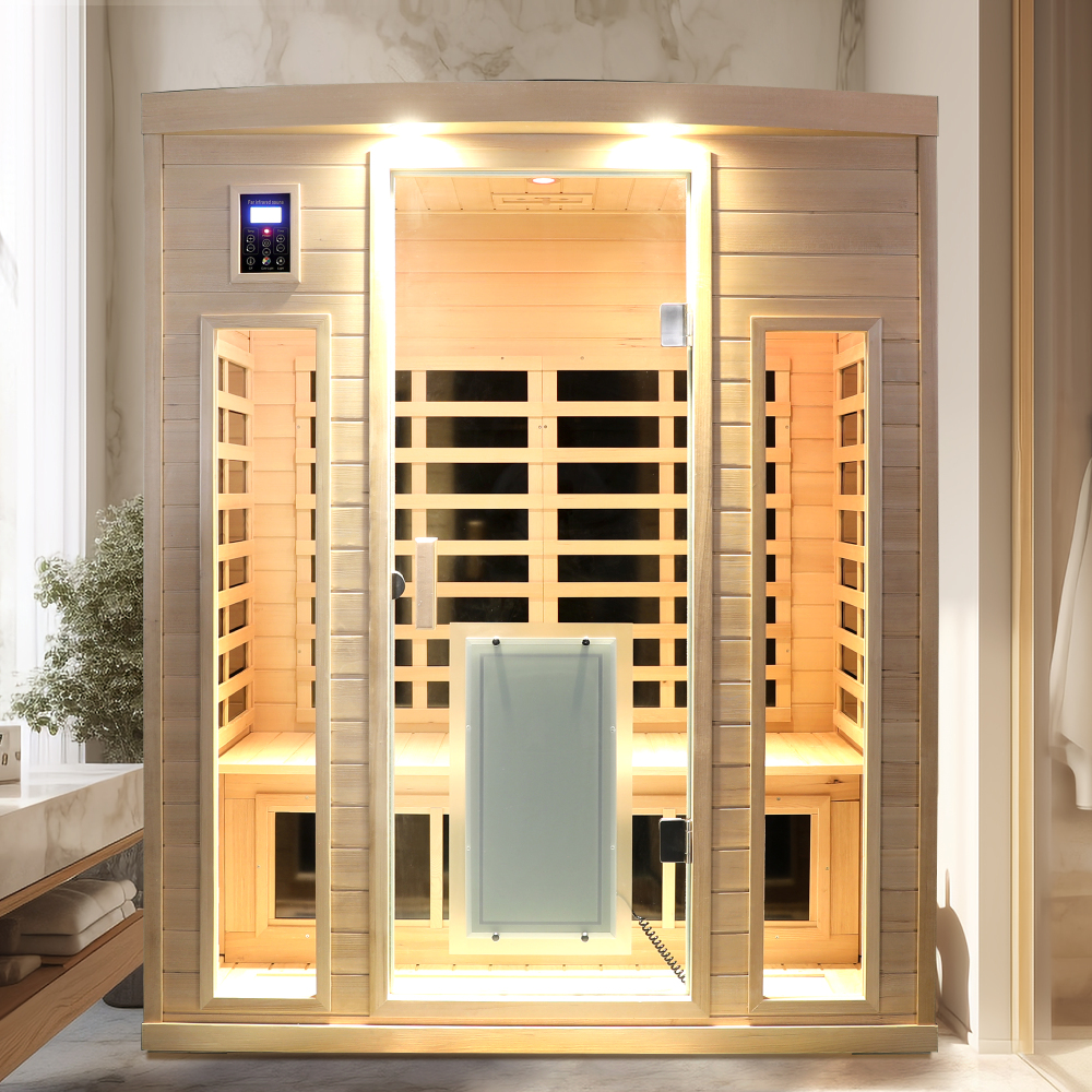 Moray 3-Person Indoor Infrared Sauna in Hemlock with Bluetooth Speakers, Reading Lights, 9-Heating Panels, 2130W