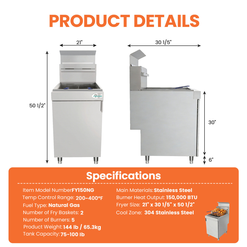 150,000 BTU 5 Burner Commercial Gas Fryer 75-80 lb Natural Gas