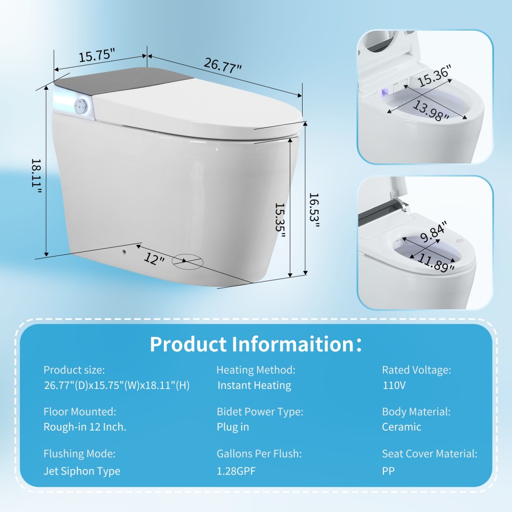 Elongated Smart Bidet Toilet 1.28 GPF in White with Auto Open/Close, Water Tank, Heated Seat, Warm Water Wash, UV Light