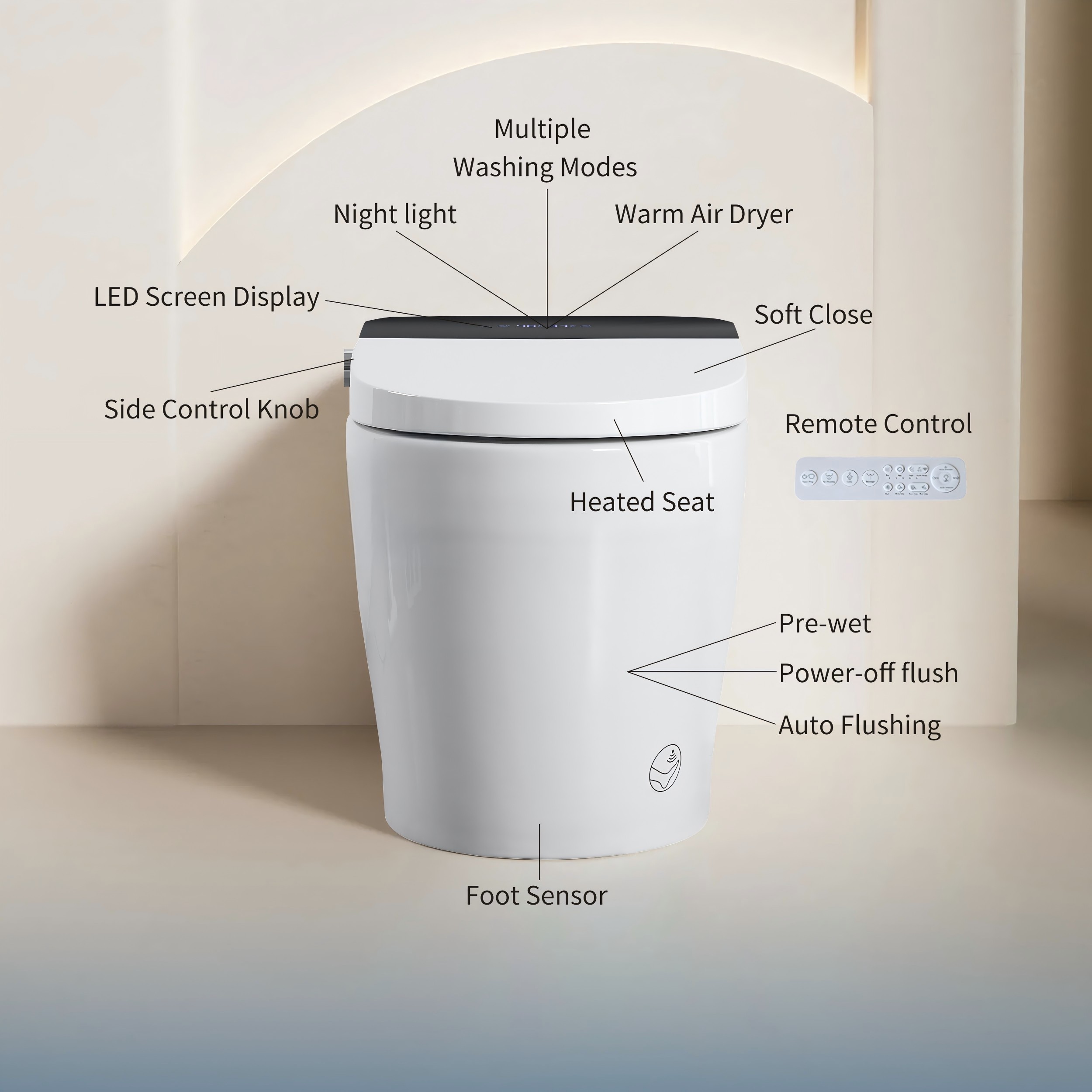 Elongated Smart Bidet Toilet 1.28 GPF in Black with Heated Seat, Adjustable Temp, Warm Water Wash, and Dryer