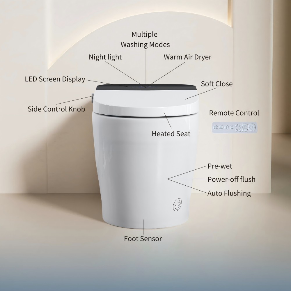 Elongated Smart Bidet Toilet 1.28 GPF in Black with Heated Seat, Adjustable Temp, Warm Water Wash, and Dryer