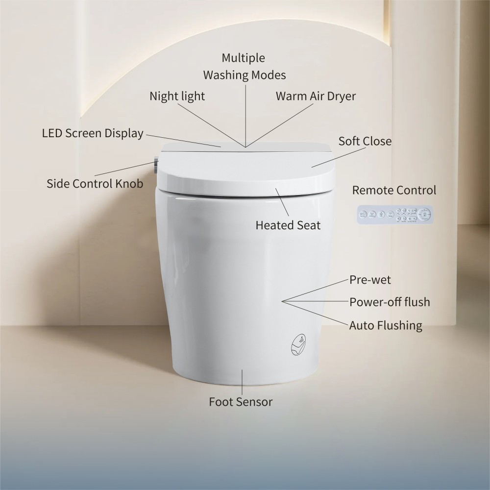Elongated Smart Bidet Toilet 1.28 GPF in White with Heated Seat, Adjustable Temp, Warm Water Wash, and Dryer