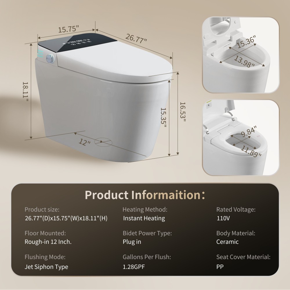 Elongated Smart Bidet Toilet 1.28 GPF in Black with Auto Open/Close, Heated Seat, Warm Water Wash, and Dryer