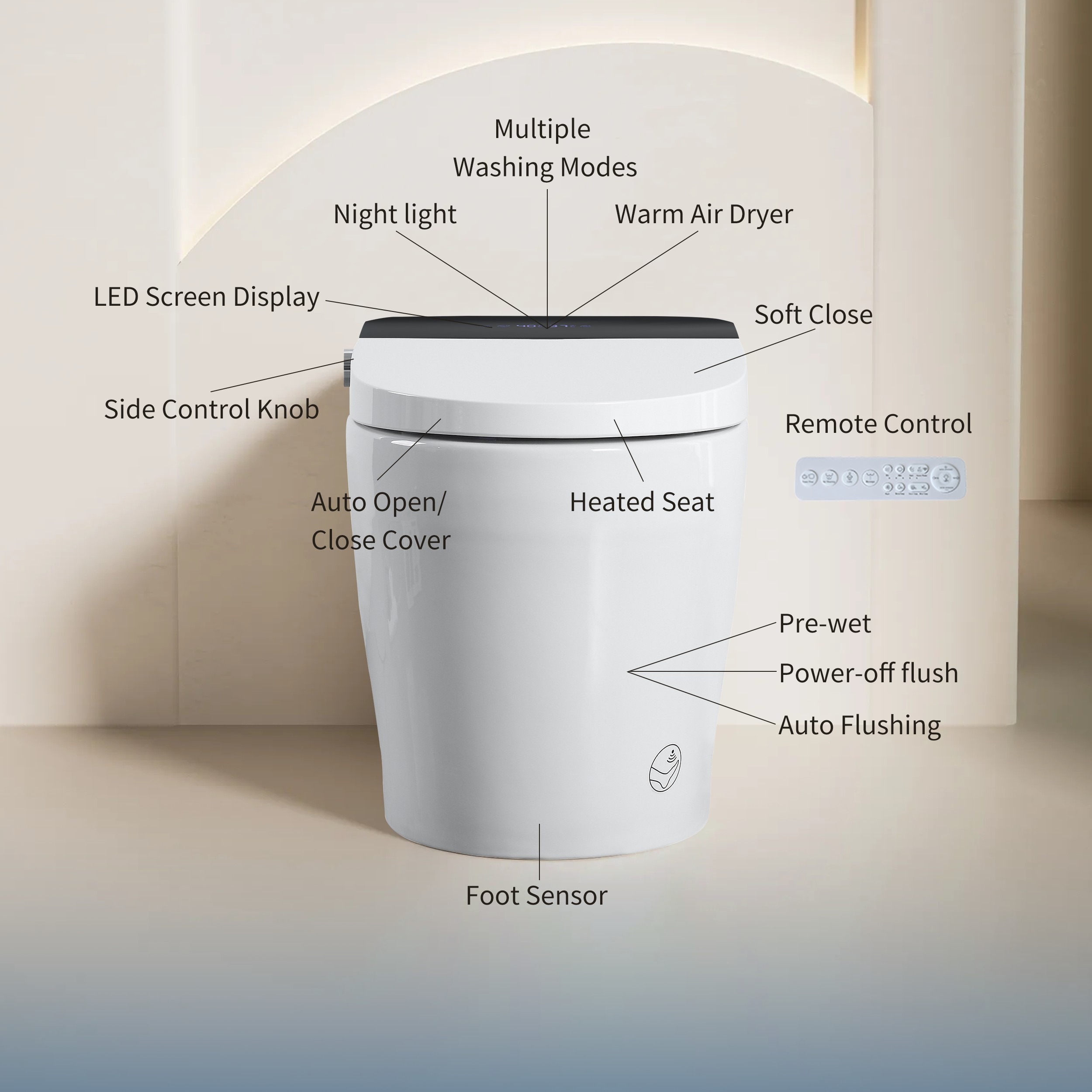 Elongated Smart Bidet Toilet 1.28 GPF in Black with Auto Open/Close, Heated Seat, Warm Water Wash, and Dryer