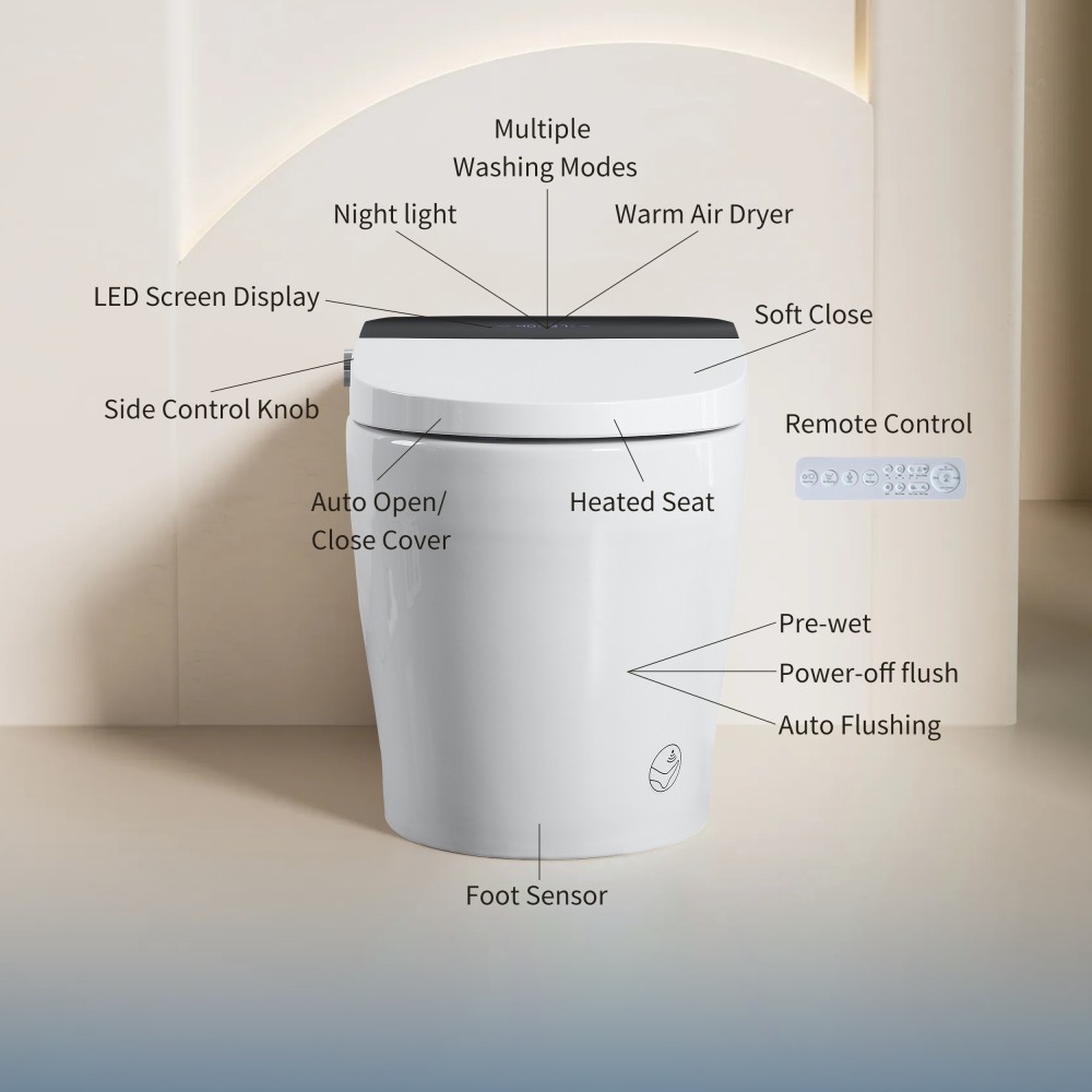 Elongated Smart Bidet Toilet 1.28 GPF in Black with Auto Open/Close, Heated Seat, Warm Water Wash, and Dryer