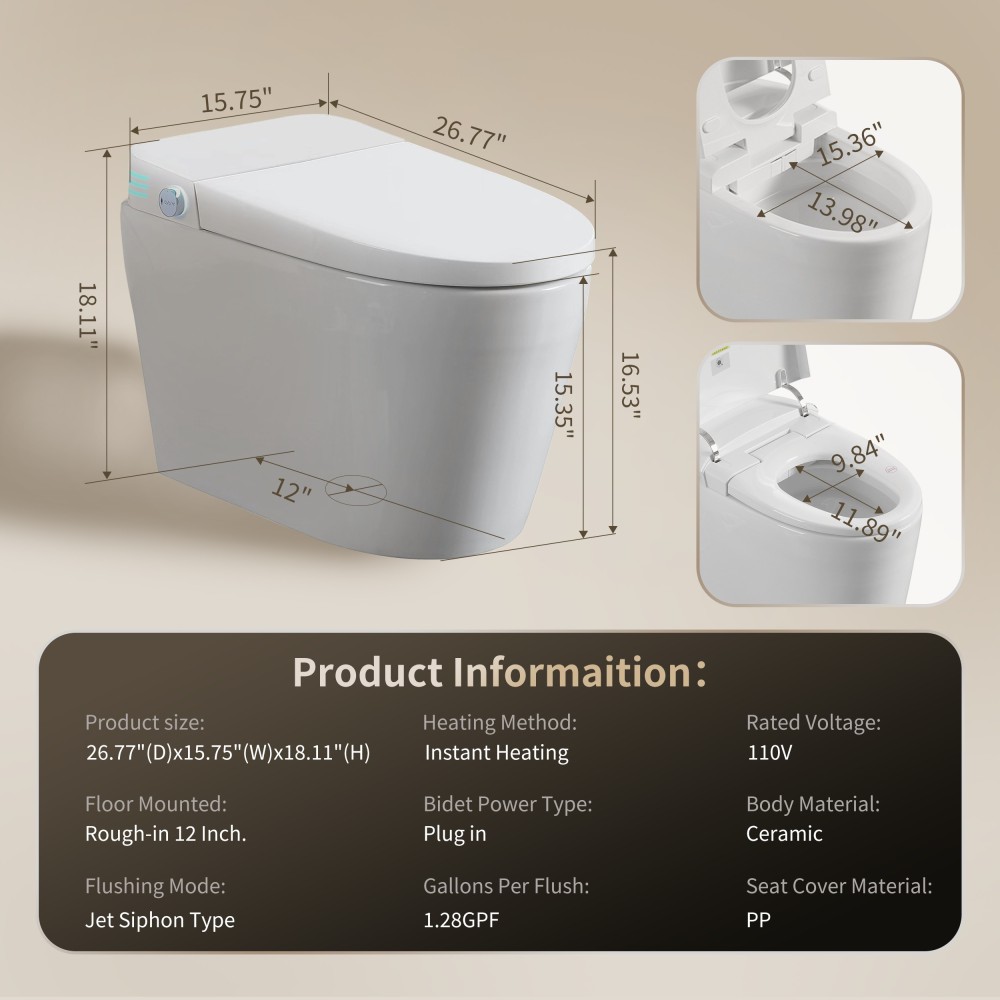 Elongated Smart Bidet Toilet 1.28 GPF in White with Auto Open/Close, Heated Seat, Warm Water Wash, and Dryer
