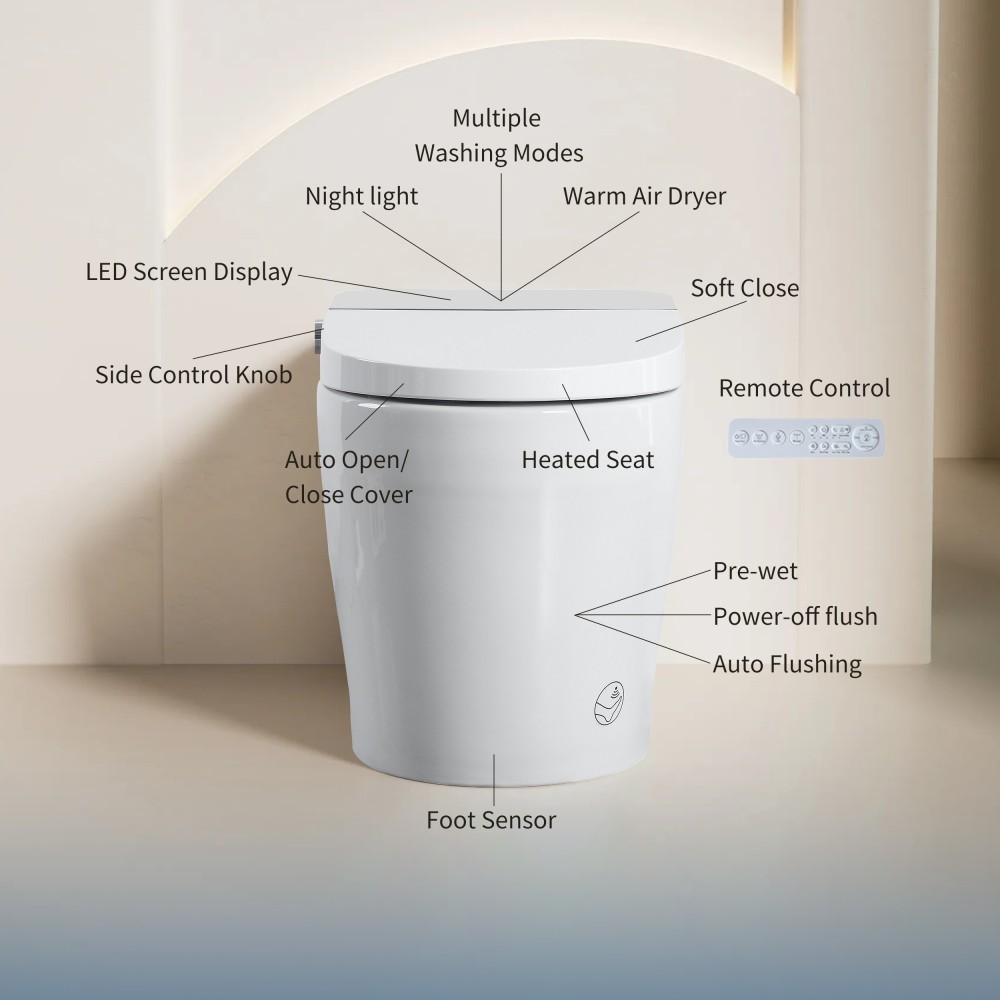 Elongated Smart Bidet Toilet 1.28 GPF in White with Auto Open/Close, Heated Seat, Warm Water Wash, and Dryer