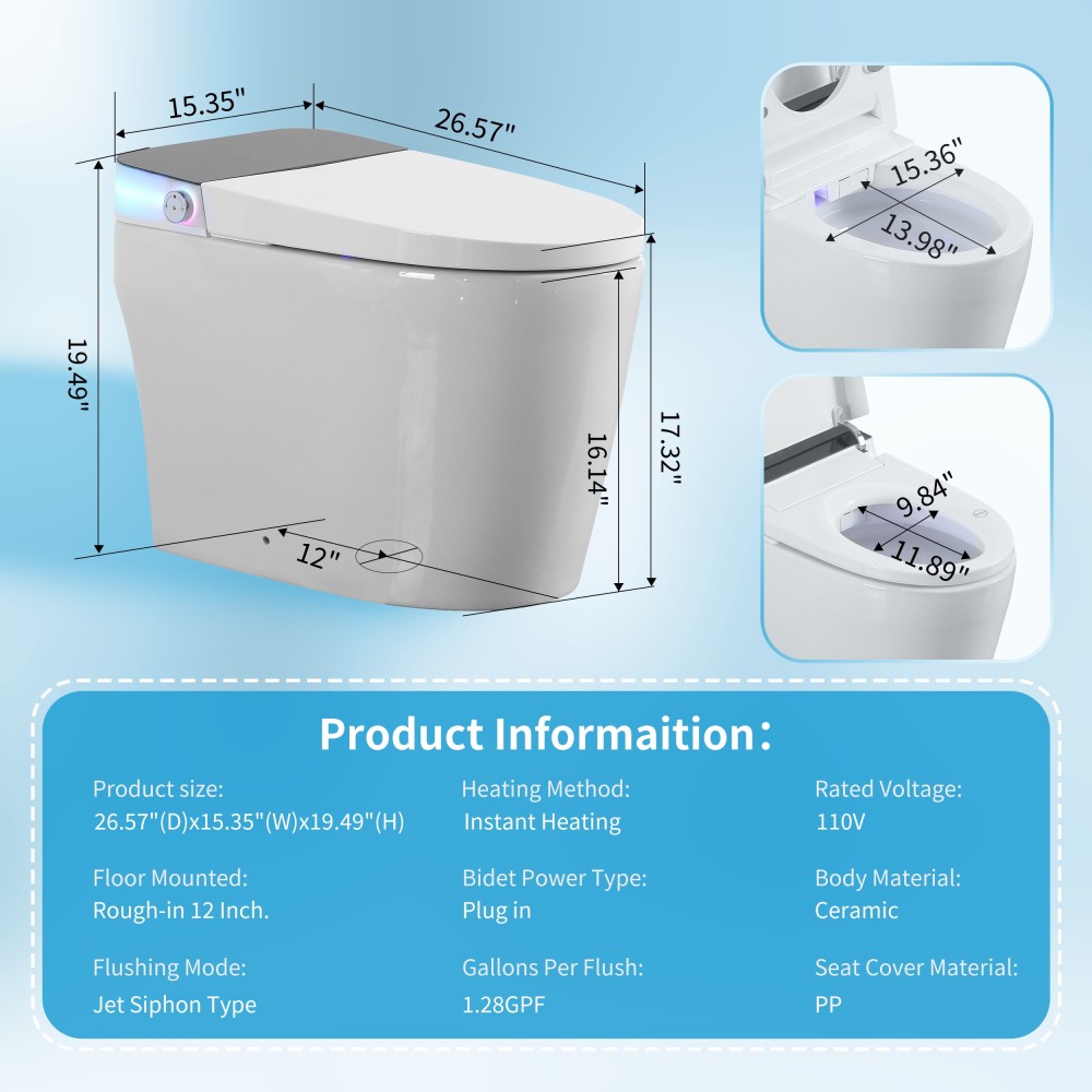 Elongated ADA Smart Bidet Toilet 1.28 GPF in White with Auto Open/Close, Water Tank, Heated Seat, Warm Water Wash, Dryer