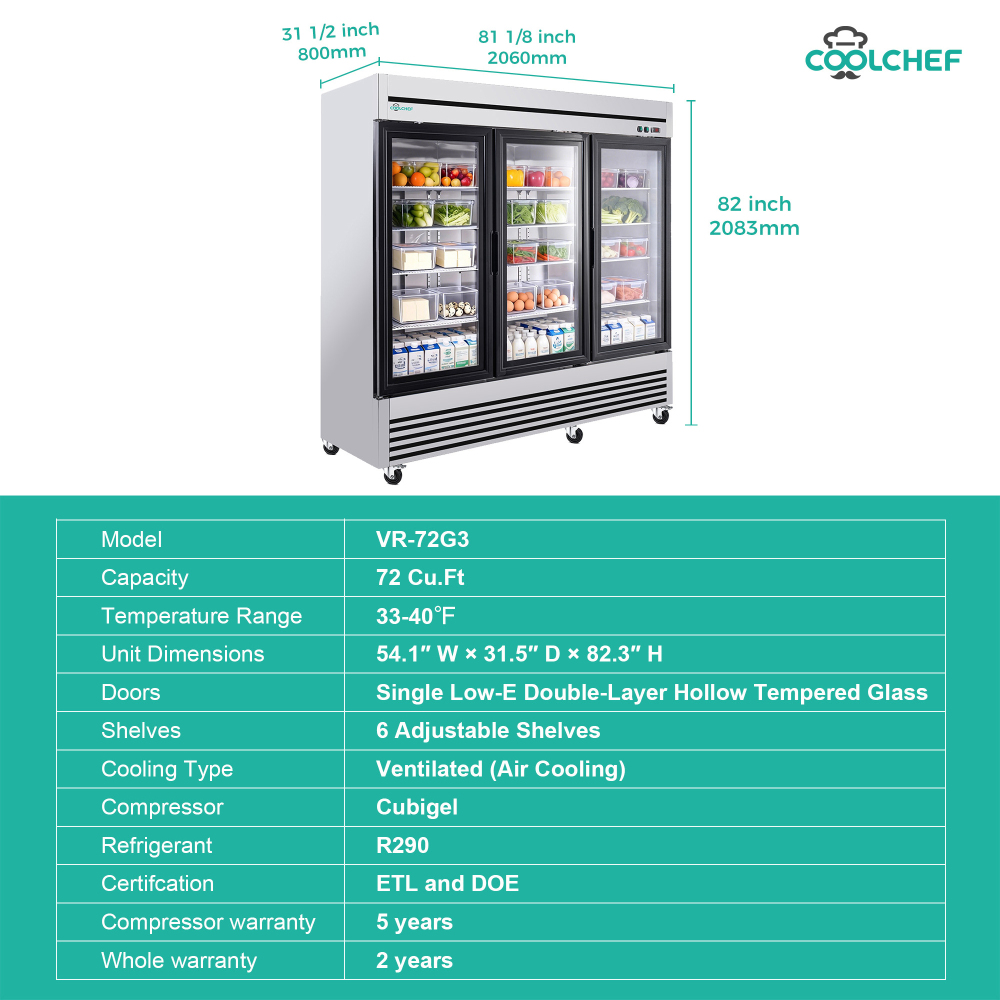 72" Cu Ft Three Glass Door Commercial Reach-In Display Refrigerator, Triple-Door Merchandiser Cooler 33–40°F, Stainless Steel, R290, ETL DOE