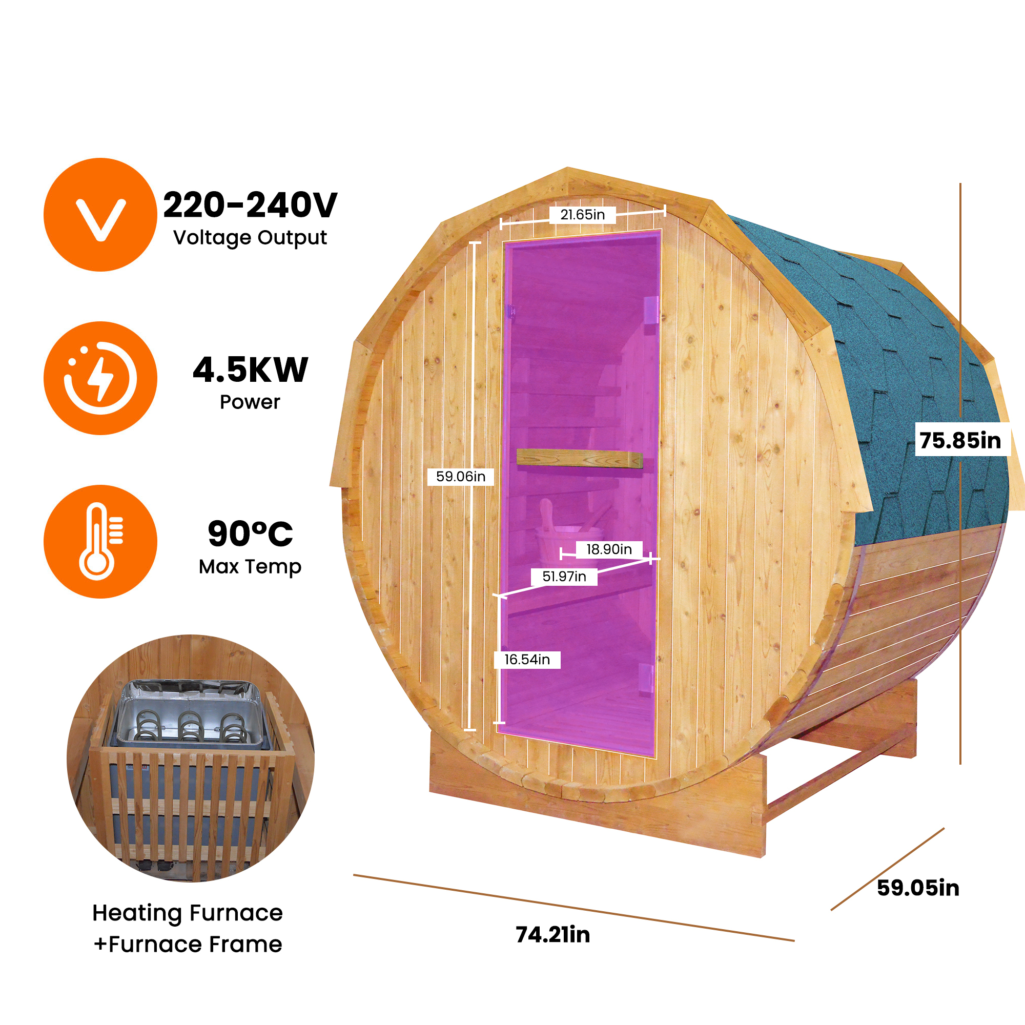 Moray 4-Person Outdoor Round Steam Wet/Dry Sauna with 1 Metal Stove, 1 LED Explosion-Proof Lamp