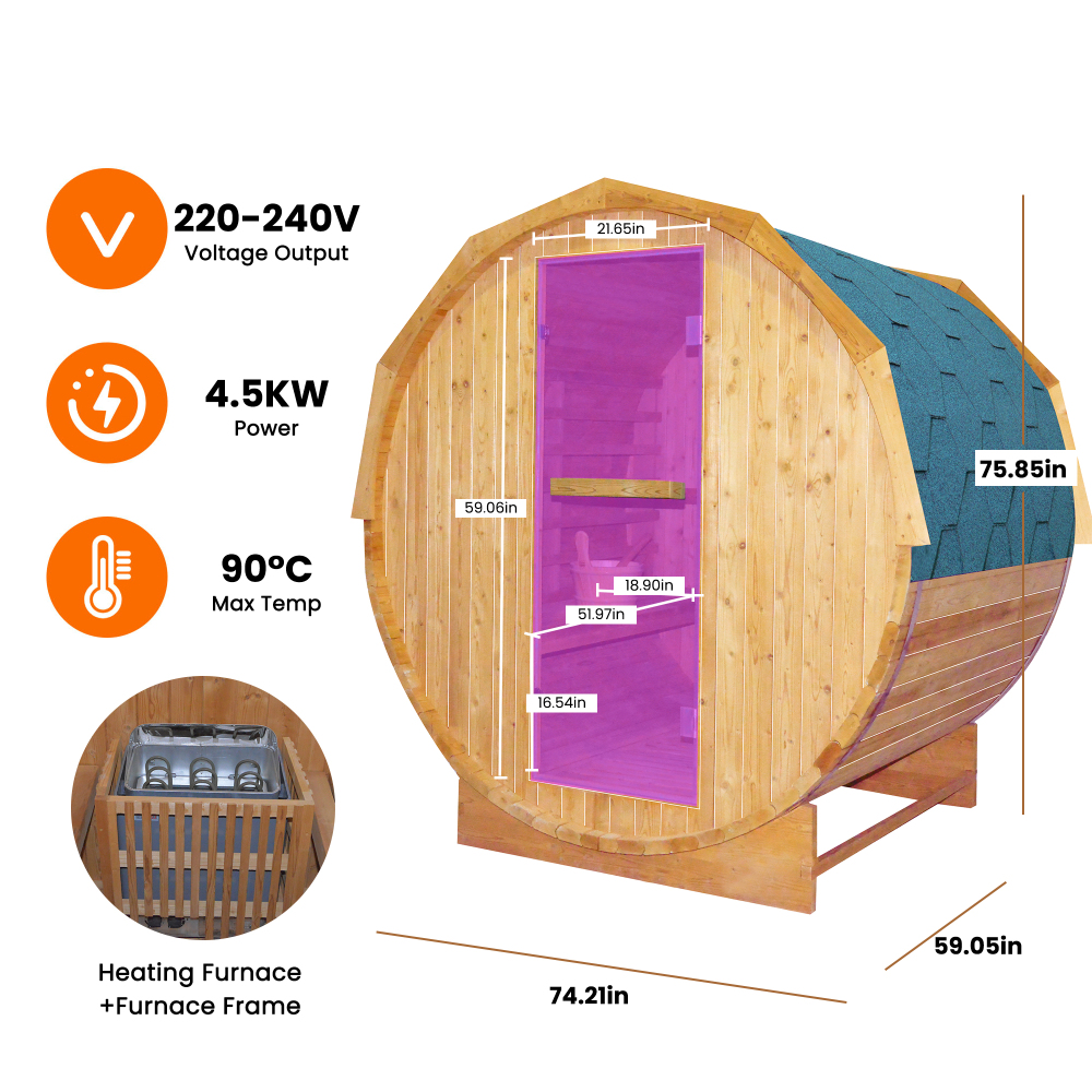 Moray 4-Person Outdoor Round Steam Wet/Dry Sauna with 1 Metal Stove, 1 LED Explosion-Proof Lamp