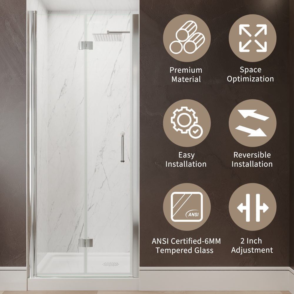 Xspracer 30 to 32 in. W x 72 in. H Bi-Fold Frameless Shower Door in Chrome with Clear Glass