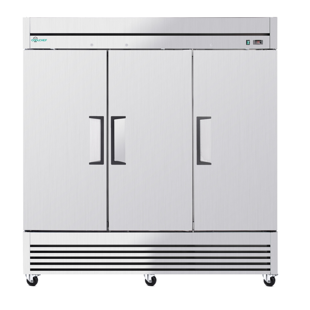 72" Cu Ft Commercial Reach-In Refrigerator, 3 Solid Door Stainless Steel Upright Cooler, 33–40°F Digital Thermostat, 9 Shelves, R290, 110V