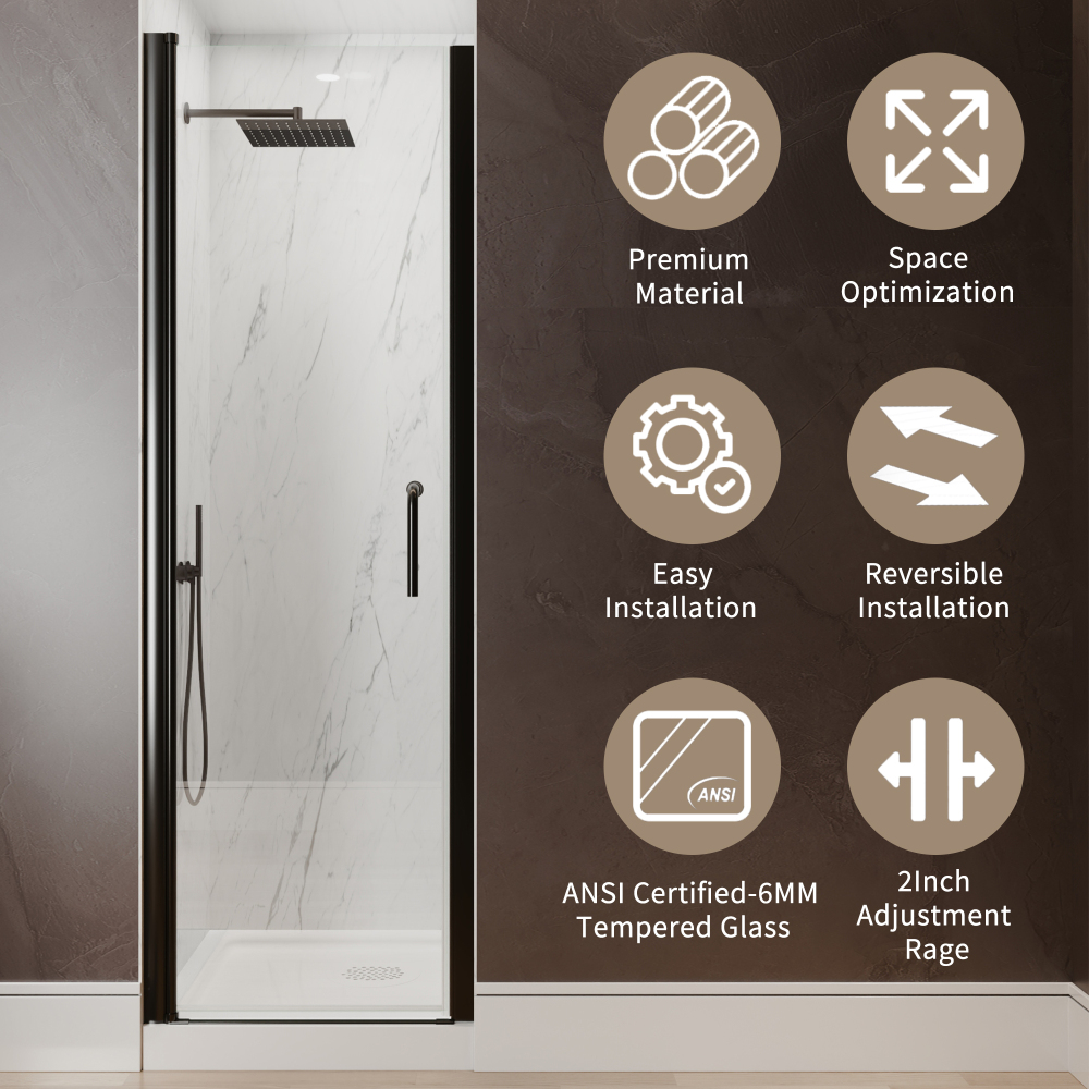 Xspracer 24 to 26 in. W x 72 in. H Pivot Swing Frameless Shower Door in Matte Black with Clear Glass
