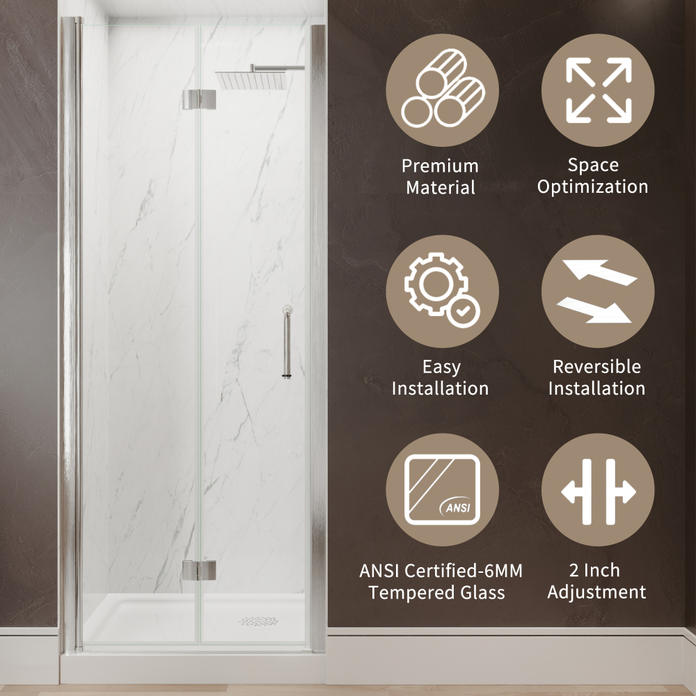 Xspracer 30 to 32 in. W x 72 in. H Bi-Fold Frameless Shower Door in Brushed Nickel with Clear Glass