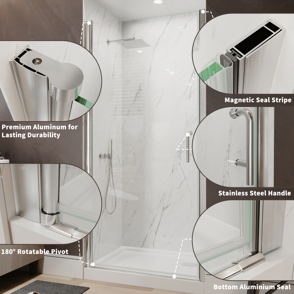 Xspracer 36 to 38 in. W x 72 in. H Pivot Swing Frameless Shower Door in Brushed Nickel with Clear Glass