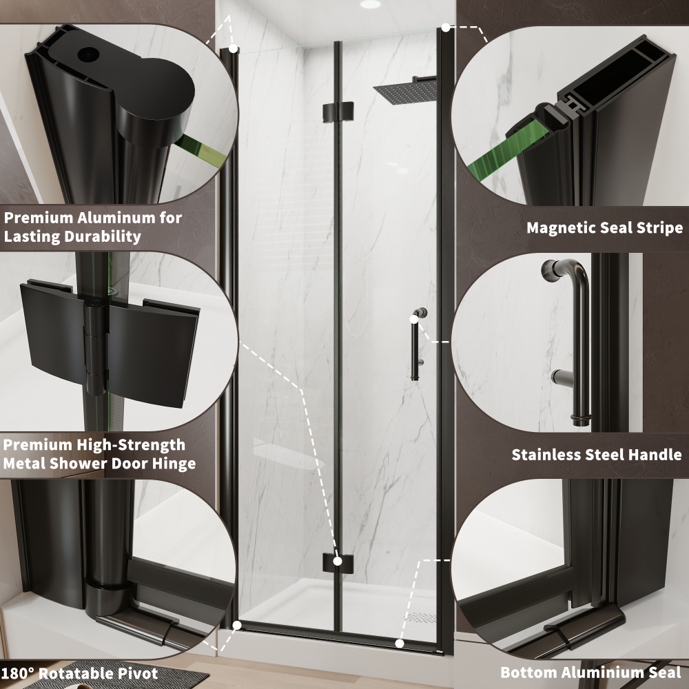 Xspracer 30 to 32 in. W x 72 in. H Bi-Fold Frameless Shower Door in Matte Black with Clear Glass