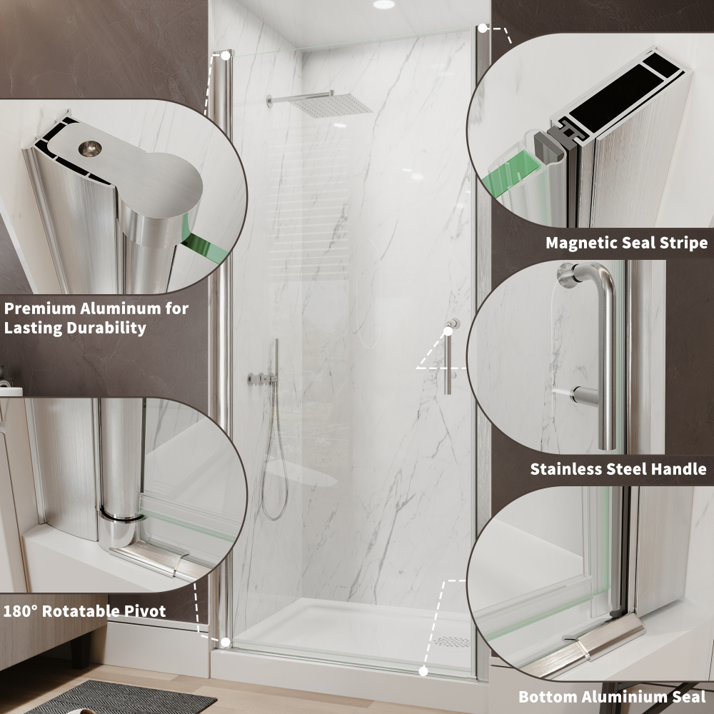Xspracer 34 to 36 in. W x 72 in. H Pivot Swing Frameless Shower Door in Brushed Nickel with Clear Glass