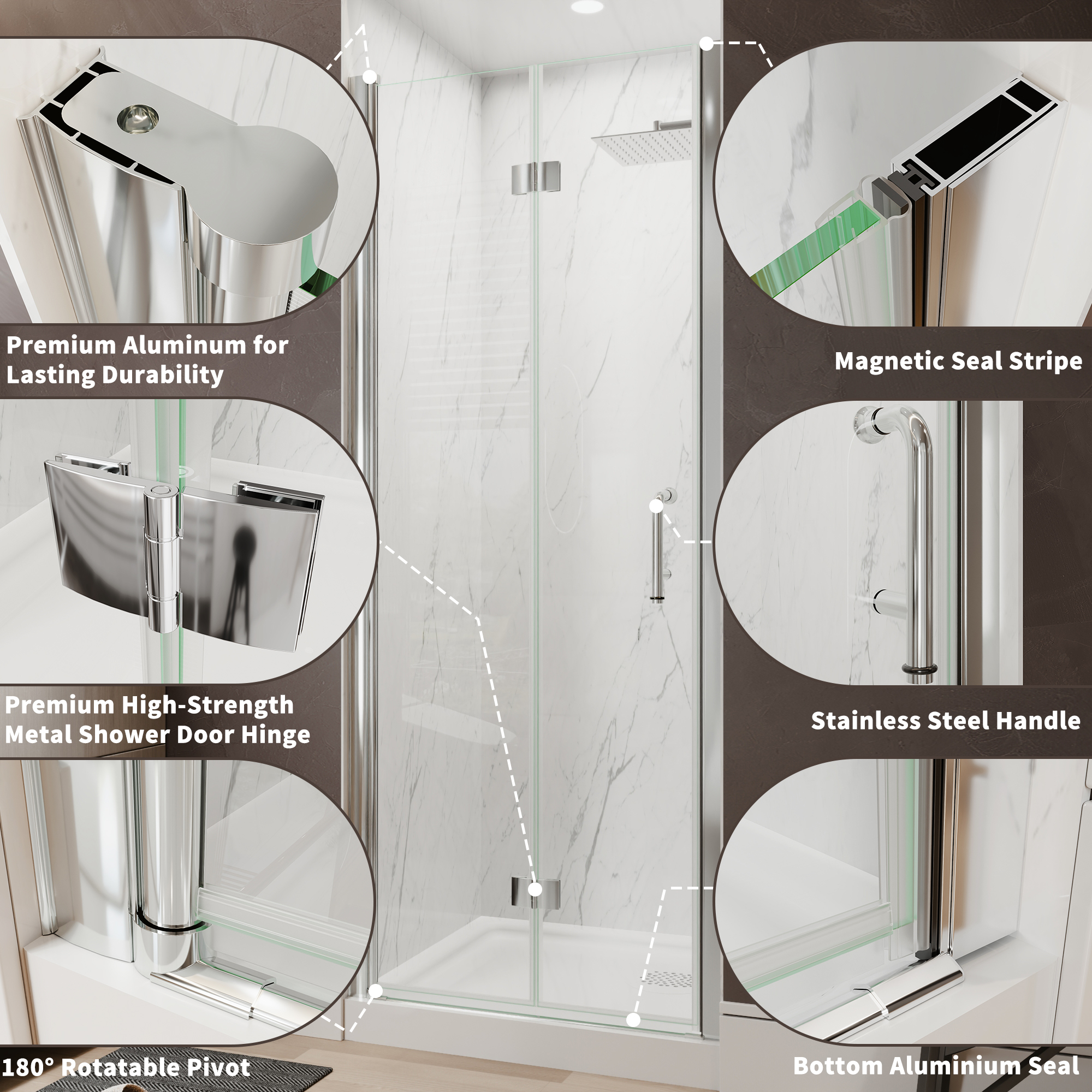 Xspracer 32 to 34 in. W x 72 in. H Bi-Fold Frameless Shower Door in Chrome with Clear Glass