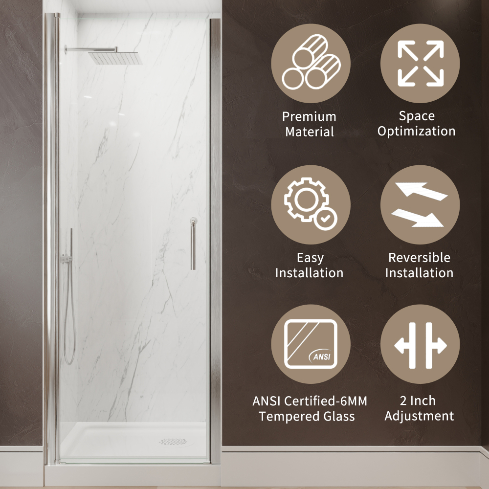 Xspracer 28 to 30 in. W x 72 in. H Pivot Swing Frameless Shower Door in Brushed Nickel with Clear Glass