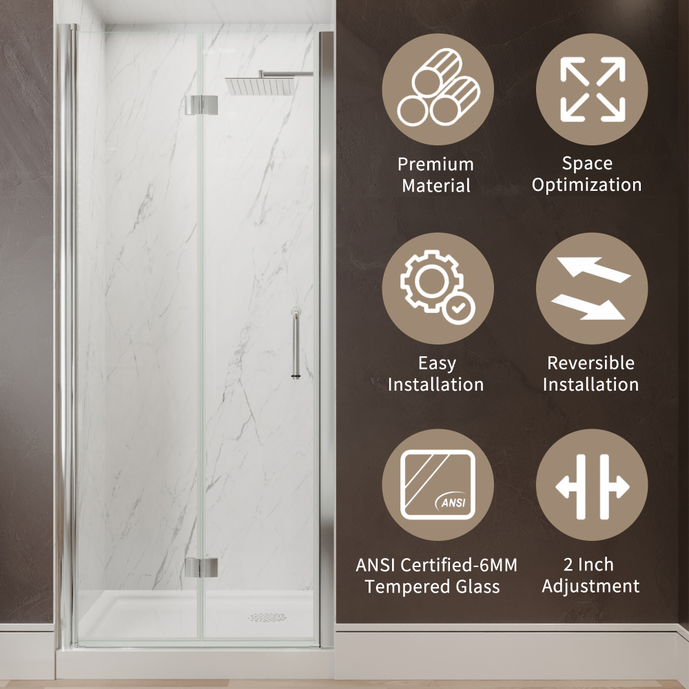 Xspracer 32 to 34 in. W x 72 in. H Bi-Fold Frameless Shower Door in Chrome with Clear Glass