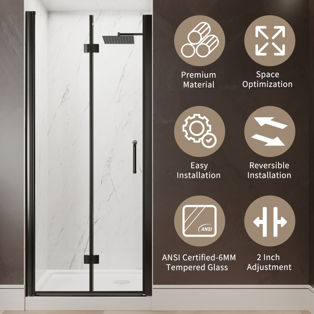 Xspracer 32 to 34 in. W x 72 in. H Bi-Fold Frameless Shower Door in Matte Black with Clear Glass