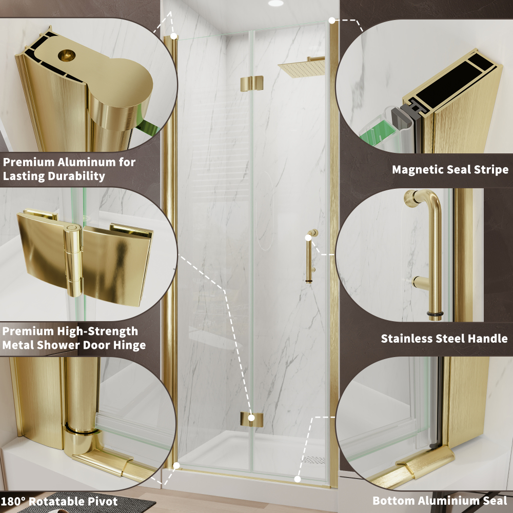 Xspracer 32 to 34 in. W x 72 in. H Bi-Fold Frameless Shower Door in Brushed Gold with Clear Glass