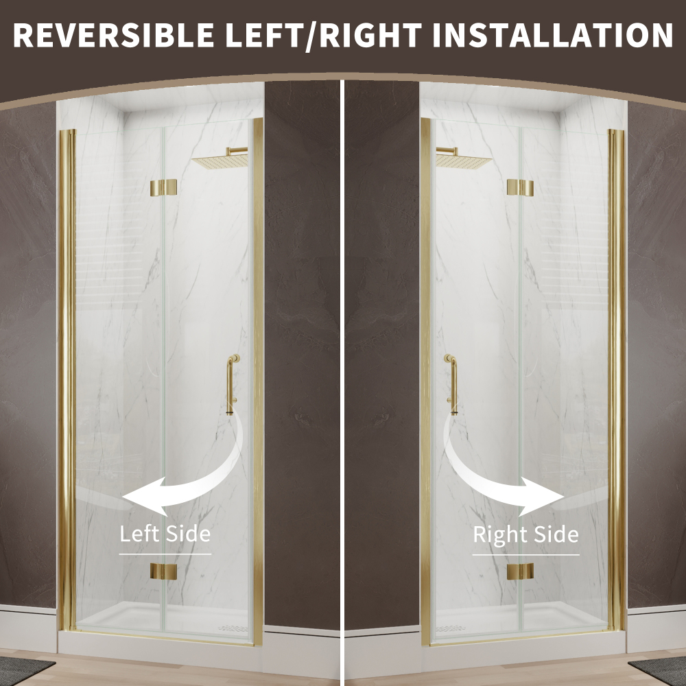 Xspracer 34 to 36 in. W x 72 in. H Bi-Fold Frameless Shower Door in Brushed Gold with Clear Glass