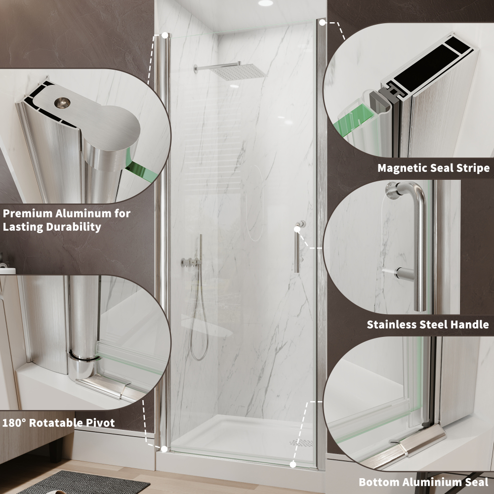 Xspracer 30 to 32 in. W x 72 in. H Pivot Swing Frameless Shower Door in Brushed Nickel with Clear Glass