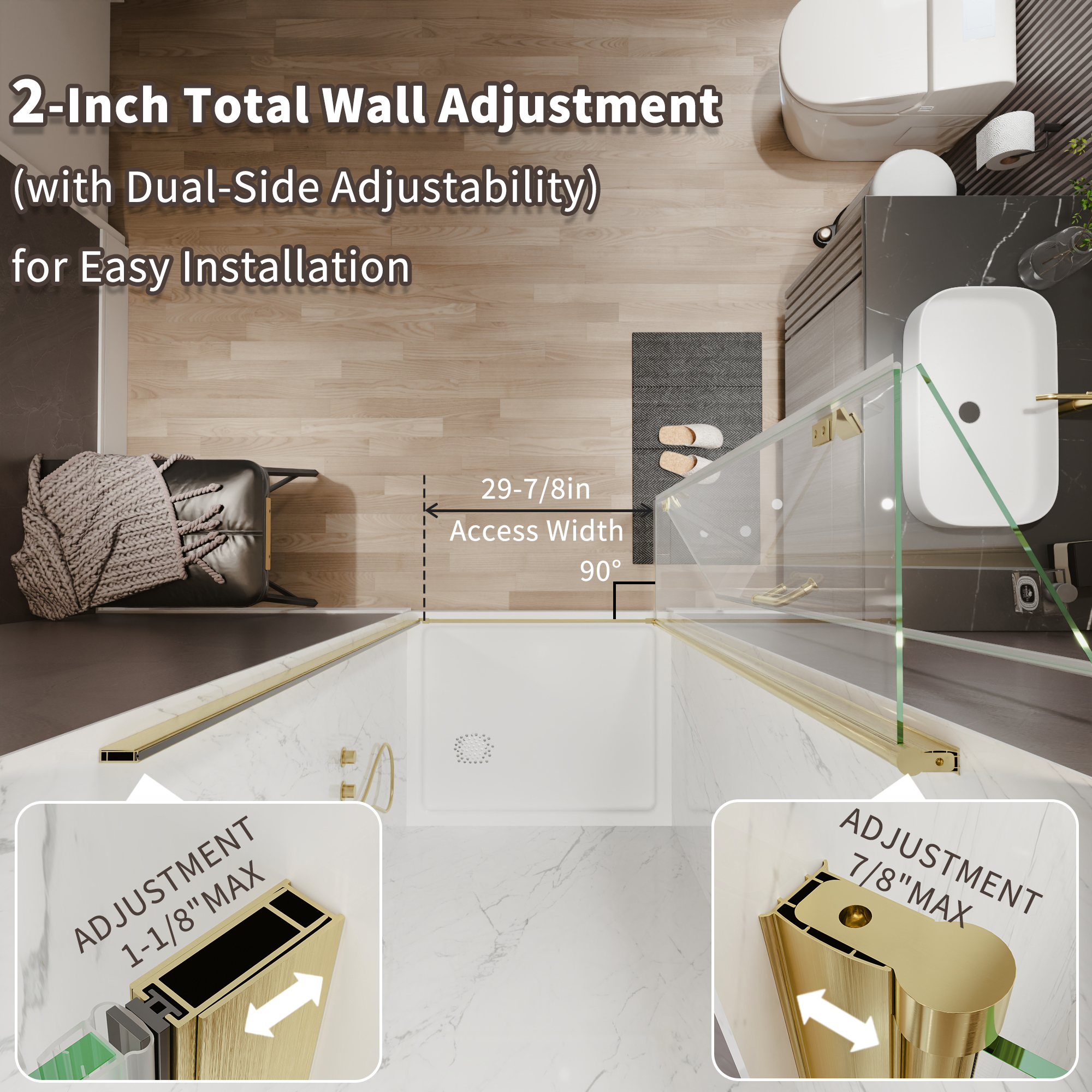 Xspracer 34 to 36 in. W x 72 in. H Bi-Fold Frameless Shower Door in Brushed Gold with Clear Glass