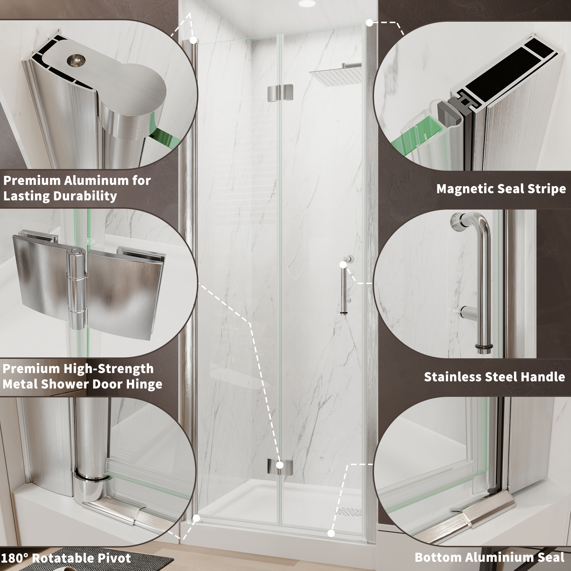 Xspracer 34 to 36 in. W x 72 in. H Bi-Fold Frameless Shower Door in Brushed Nickel with Clear Glass
