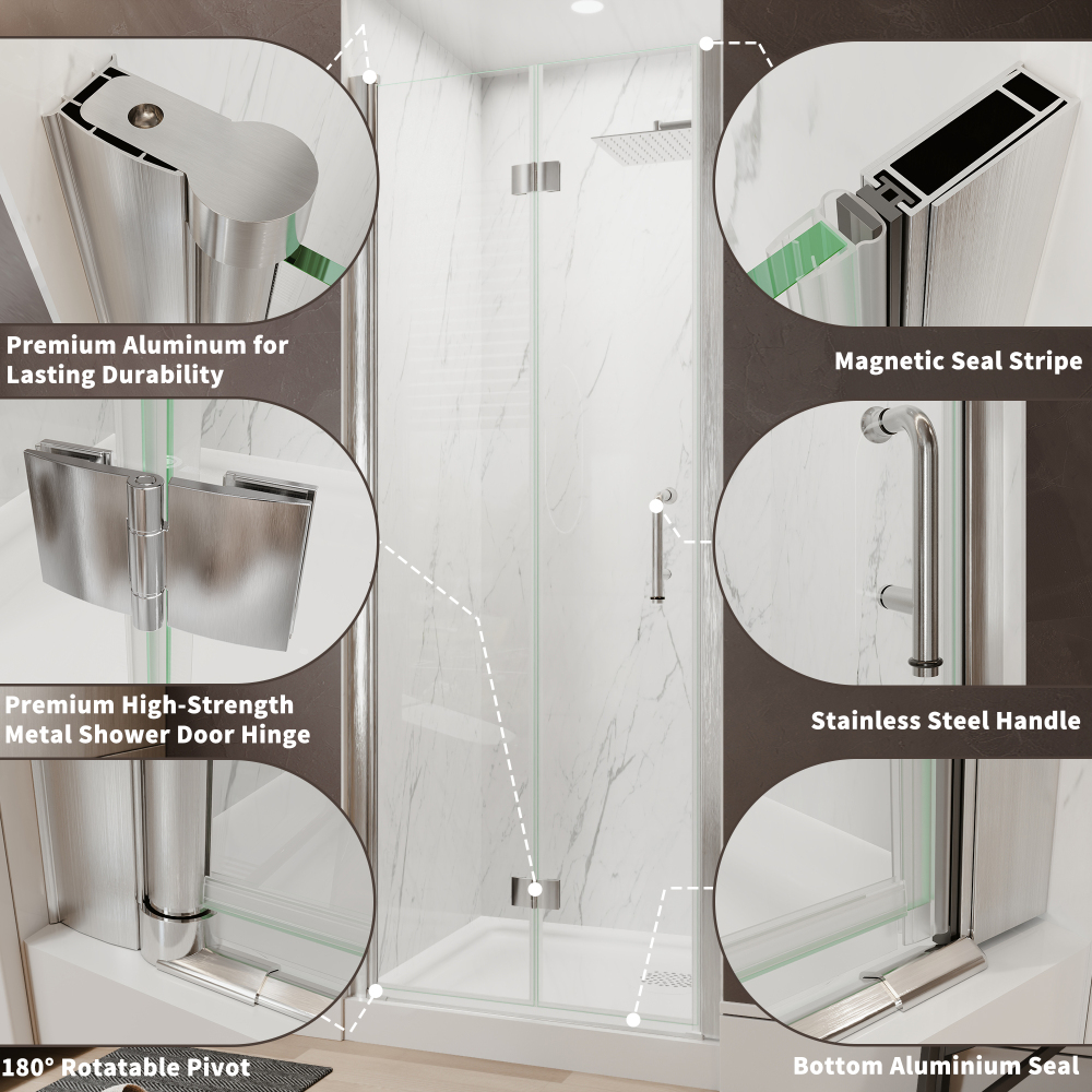 Xspracer 34 to 36 in. W x 72 in. H Bi-Fold Frameless Shower Door in Brushed Nickel with Clear Glass