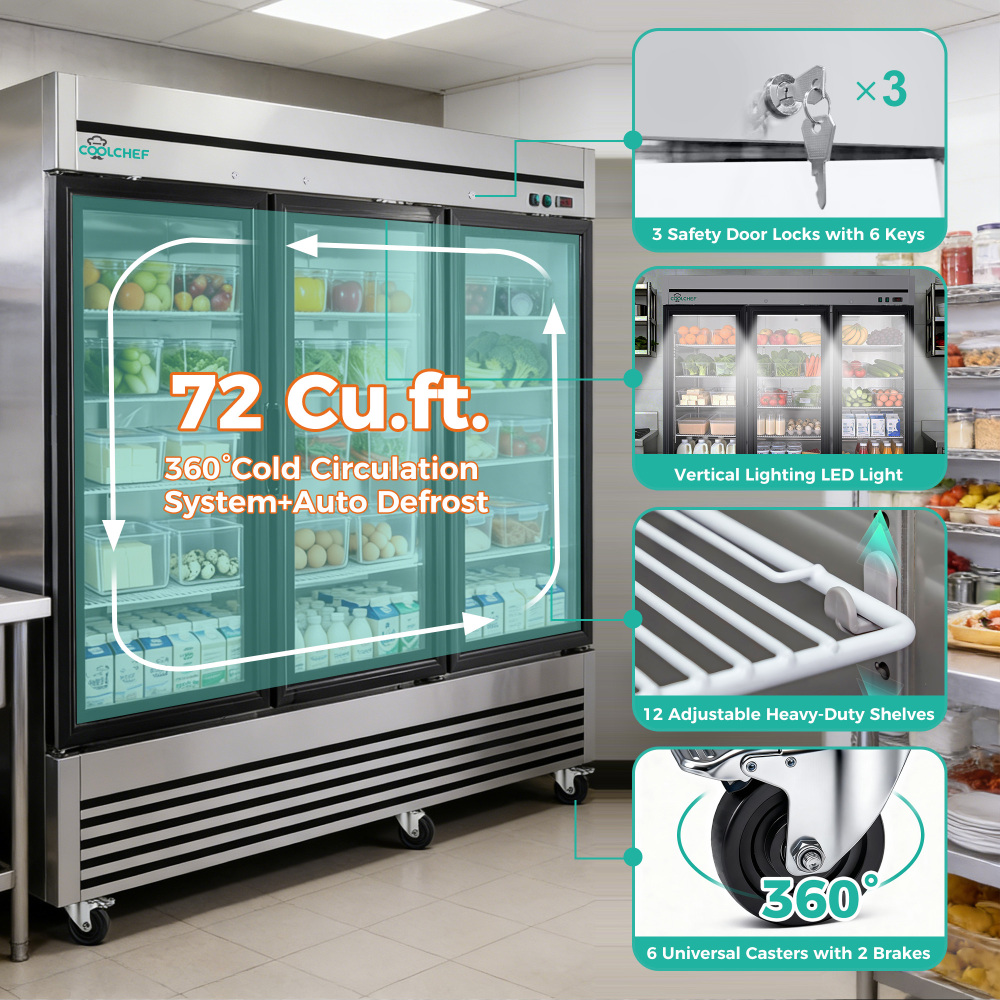 72" Cu Ft Three Glass Door Commercial Reach-In Display Refrigerator, Triple-Door Merchandiser Cooler 33–40°F, Stainless Steel, R290, ETL DOE