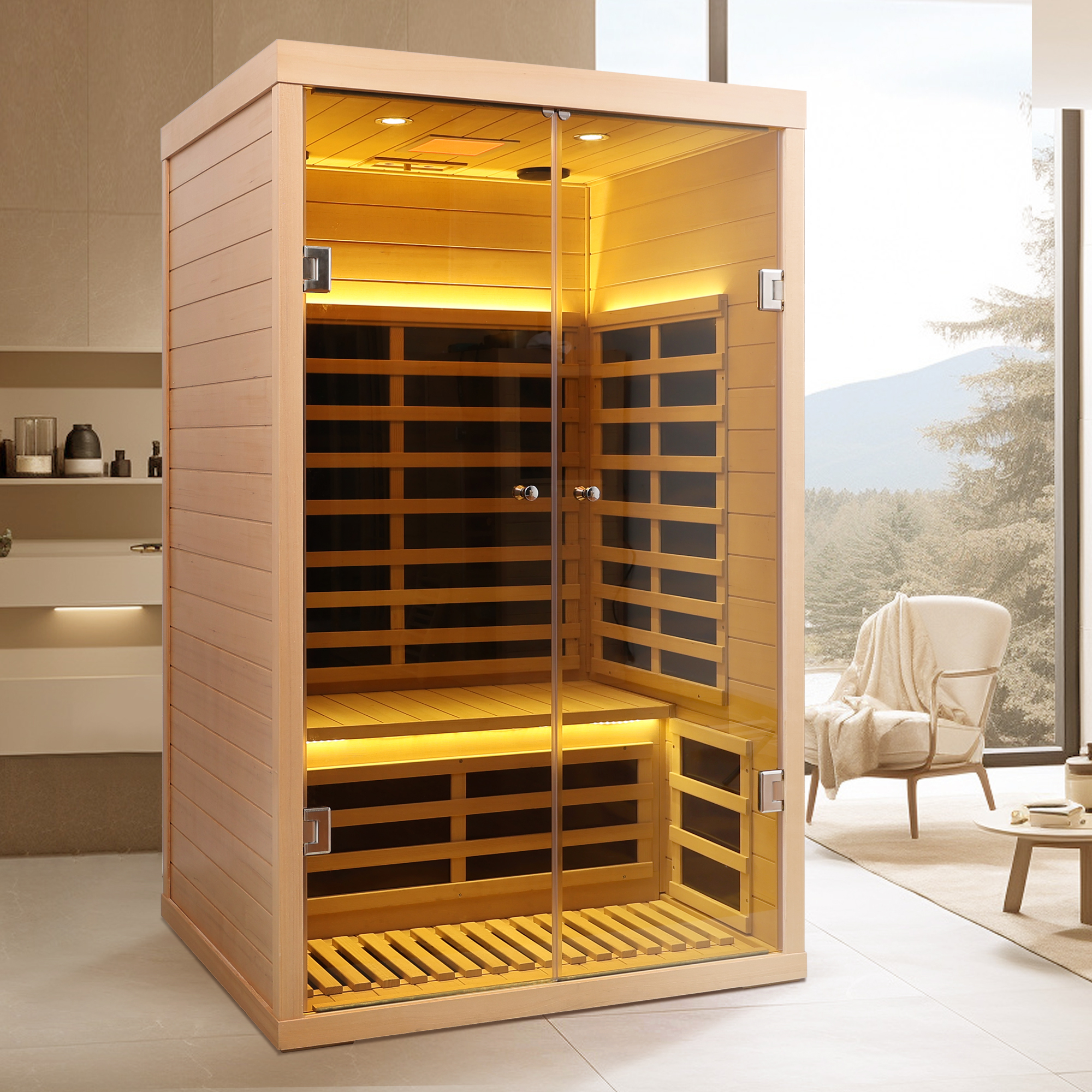 Moray 1-2 Person Indoor Hemlock Infrared Sauna with 7 Far-infrared Carbon Crystal Heaters and Chromotherapy