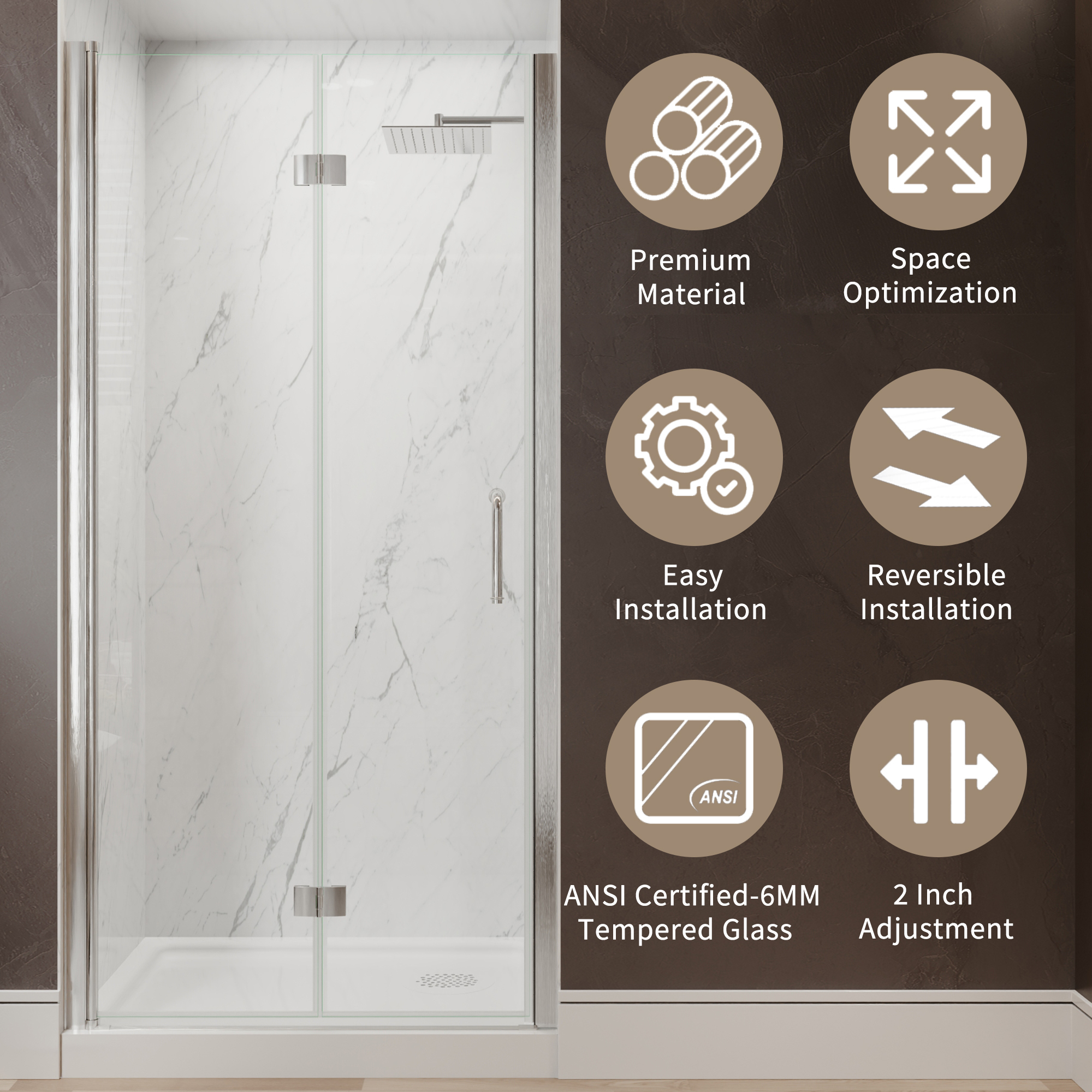 Xspracer 36 to 38 in. W x 72 in. H Bi-Fold Frameless Shower Door in Brushed Nickel with Clear Glass