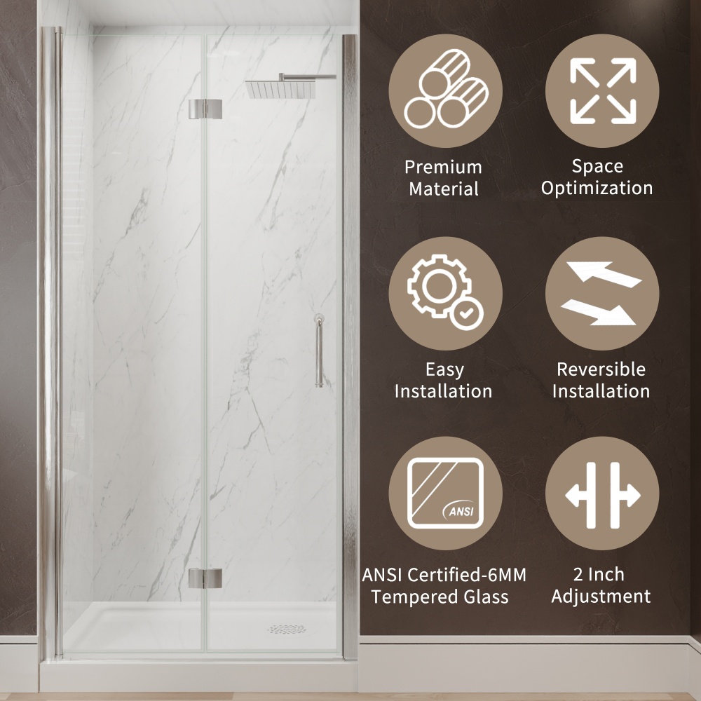 Xspracer 36 to 38 in. W x 72 in. H Bi-Fold Frameless Shower Door in Brushed Nickel with Clear Glass