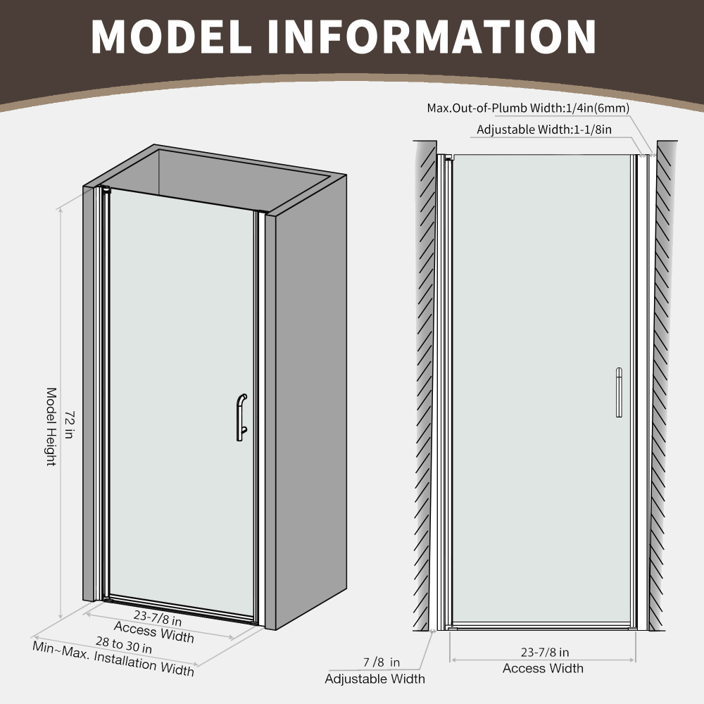 Xspracer 28 to 30 in. W x 72 in. H Pivot Swing Frameless Shower Door in Matte Black with Clear Glass