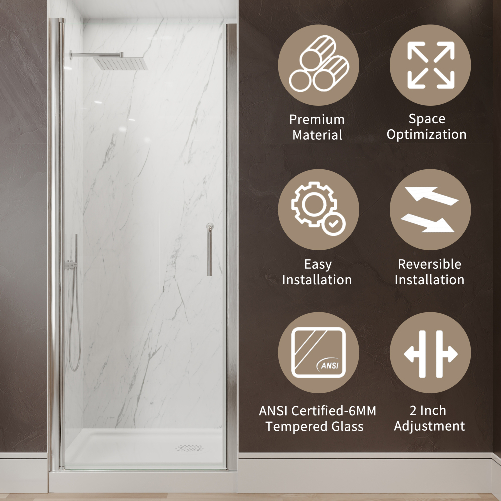 Xspracer 30 to 32 in. W x 72 in. H Pivot Swing Frameless Shower Door in Brushed Nickel with Clear Glass