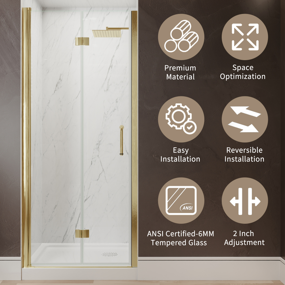 Xspracer 32 to 34 in. W x 72 in. H Bi-Fold Frameless Shower Door in Brushed Gold with Clear Glass