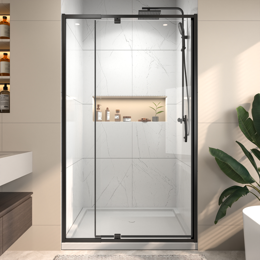 38 in. - 42 in. W x 71 in. H Pivot Framed Shower Door in Matte Black Finish with Clear Glass