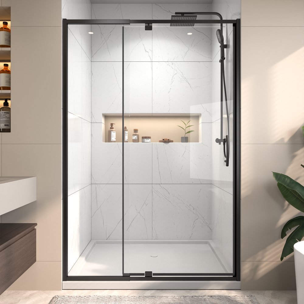 44 in. - 48 in. W x 71 in. H Pivot Framed Shower Door in Matte Black Finish with Clear Glass