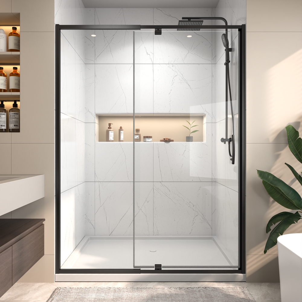 50 in. - 54 in. W x 71 in. H Pivot Framed Shower Door in Matte Black Finish with Clear Glass
