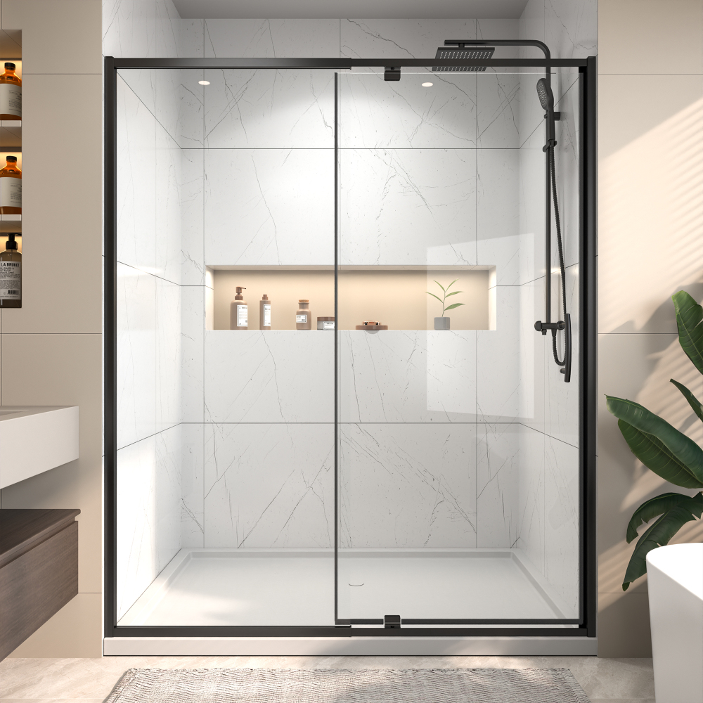 56 in. - 60 in. W x 71 in. H Pivot Framed Shower Door in Matte Black Finish with Clear Glass