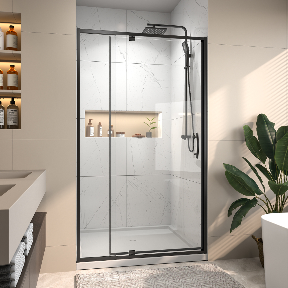 38 in. - 42 in. W x 71 in. H Pivot Framed Shower Door in Matte Black Finish with Clear Glass