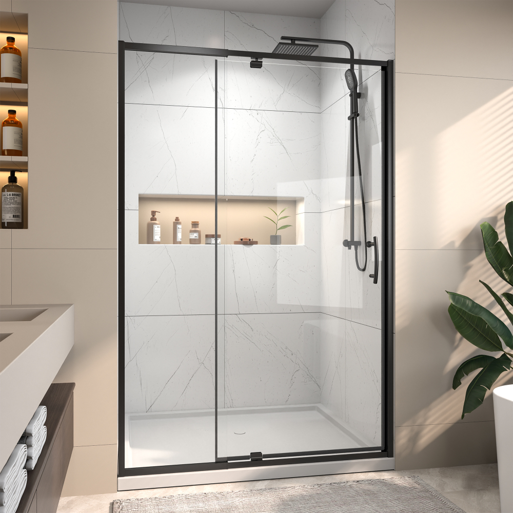 44 in. - 48 in. W x 71 in. H Pivot Framed Shower Door in Matte Black Finish with Clear Glass