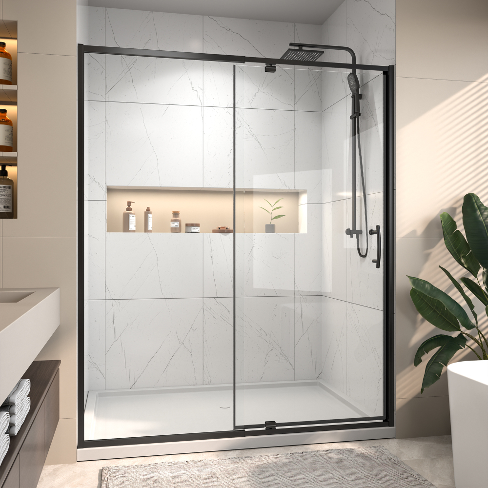 56 in. - 60 in. W x 71 in. H Pivot Framed Shower Door in Matte Black Finish with Clear Glass